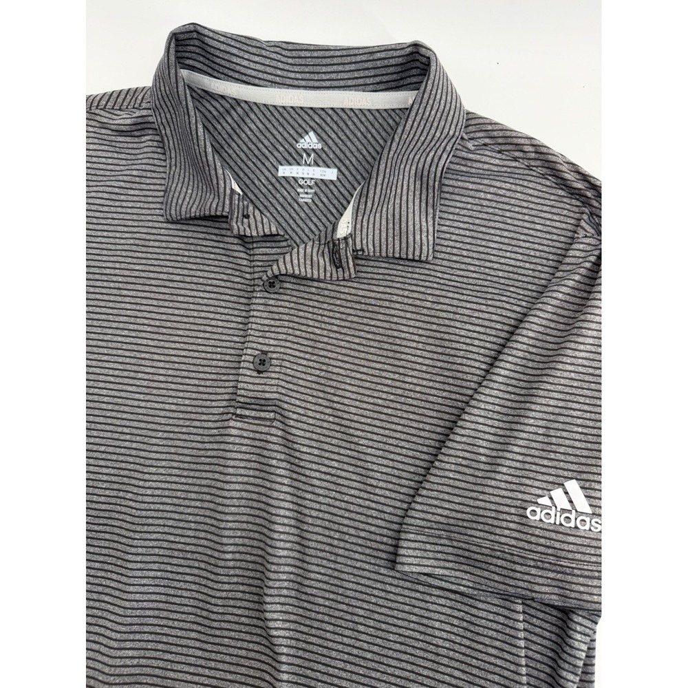 Adidas Golf Mens Medium Grey Black Striped Short Sleeve Polo Shirt